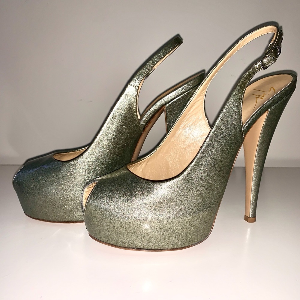 Giuseppe Zanotti Metallic Patent Leather Platform Slingback, Silver Sparkle 7.5